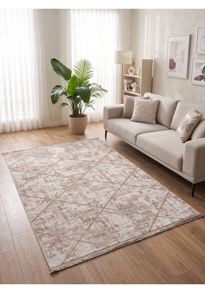 Saten Halı Modern Kaymaz Tabanlı Yıkanabilir Salon Oturma Odası Halısı Mozaik Desen Kahverengi