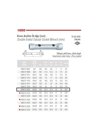 İZELTAŞ Kovan Anahtar 20 x 22 mm(1800 07 2022)