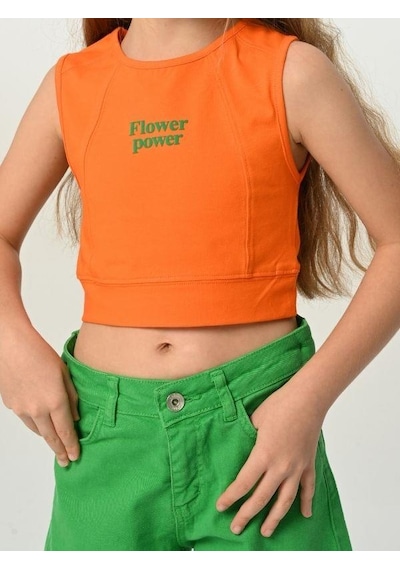 Kız Çocuk Flower Power Yazılı Crop-14406 Turuncu