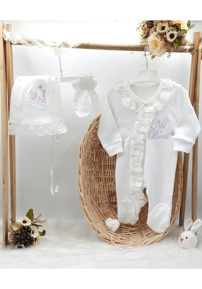 Gros Shop Yeni Doğan %100 Pamuk Dantelli Hastene Çıkış Tulum Seti Kişiye Özgü İsimli Nakış Desenli Çok Renkli