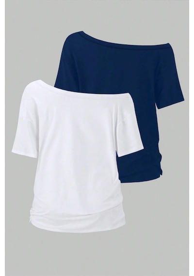 Lacivert Beyaz 2li Paket Kadın Düşük Omuz Kayık Yaka Oversize T-shirt Lacivert - Beyaz