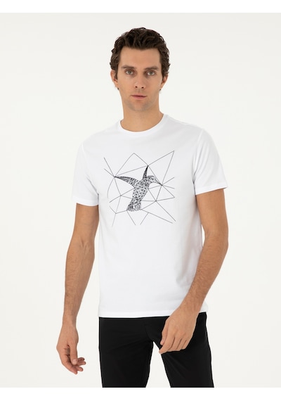 Beyaz Slim Fit Bisiklet Yaka Desenli T-shirt