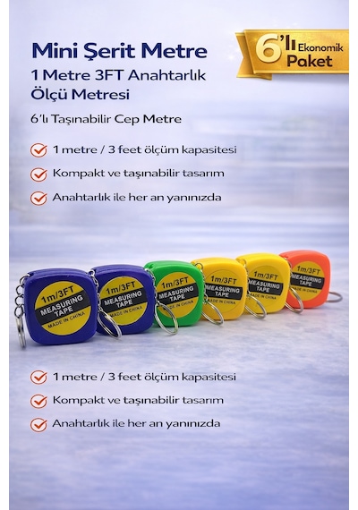 Mini Şerit Metre 1 Metre 3ft Anahtarlık Ölçü Metresi Taşınabilir Cep Metre 6 Adet