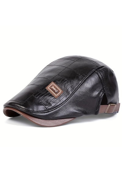 Erkek Suni Deri Gözlük Şapkası Kare Dikiş Detaylı Ayarlanabilir Flat Cap 3 Renk Siyah