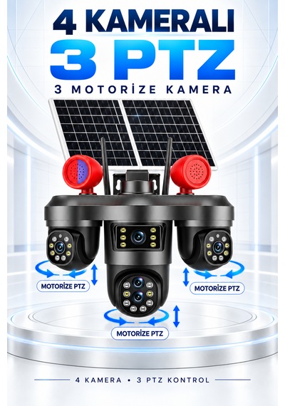 4 Kameralı 3 Motorize Ptz Kamera Wifi Çift Solar Panelli 10x Optik Zoom Uyarı Işıklı Güvenlik Kamerası