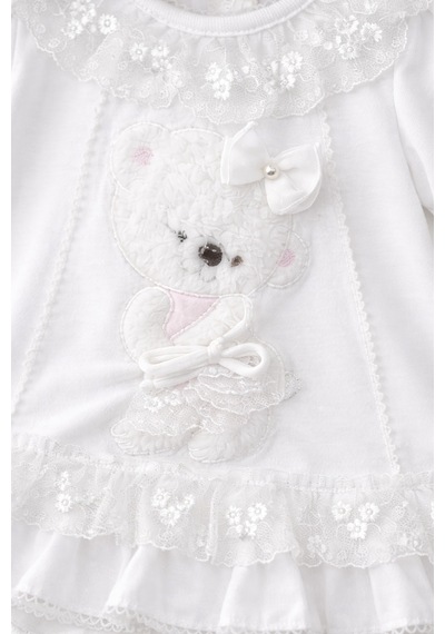 Kardeşler Bebe Dantelli Ayıcıklı Kız Bebek Elbise Takım Saç Bantlı 3 Lü Set Beyaz