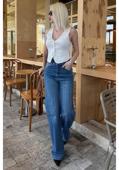 Madmext Mavi Yüksek Bel Likralı Taşlı Kadın Jean Pantolon Mg2271 Mavi