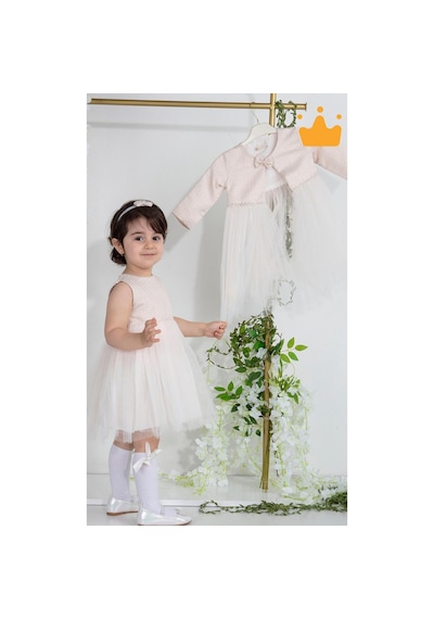 Babyhola Minimony 6-24 Ay Mine Desen Ceketli Kız Bebek Çocuk Bayramlık Abiye Gelinlik Elbise Takım 1013 Pudra