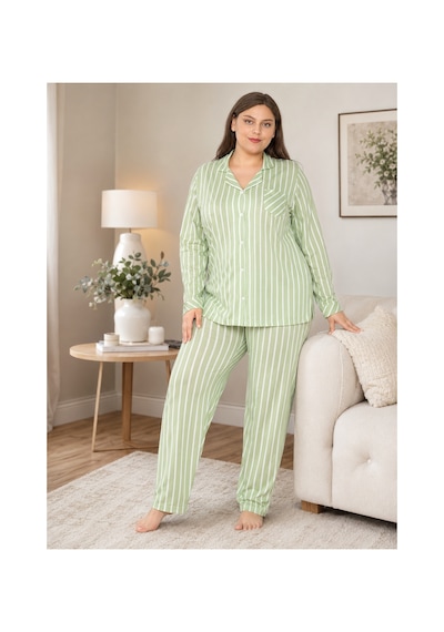 Alperi Büyük Beden Kadın Boydan Düğmeli Çizgili Mevsimlik Pijama Takım B790-45 YESIL