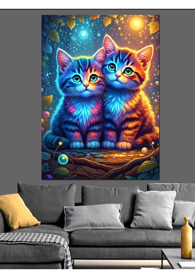 Ahşap Tablo Yıldızlı Gökyüzünde İki Renkli Kedi