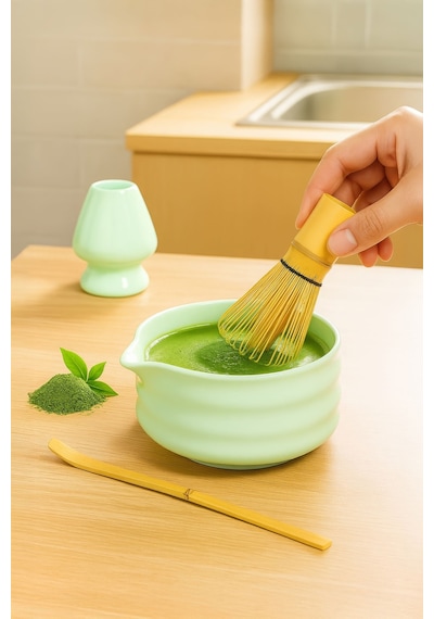 4lü Matcha Set Kase Kaşık Whisk Tutucu Bambu Whisk Çırpıcı Ve Bambu Kaşık Mt217 Yeşil
