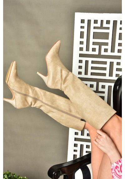 Fox Shoes R372453002 Ten Süet İnce Topuklu Kadın Çizme Ten Rengi