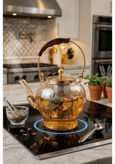 1000 Ml. Isıya Dayanıklı Borosilikat Amber Cam Demlik Ahşap Saplı Süzgeçli Cam Demlik Amber