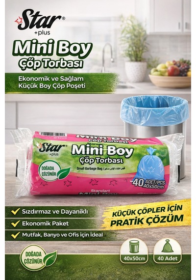 Star Plus Mini Boy Çöp Torbası 40'lı 1 Paket 40x50 Cm Dayanıklı Sızdırmaz Küçük Boy Çöp Poşeti