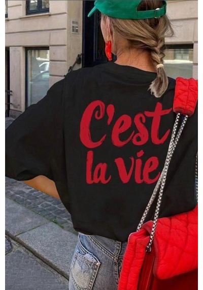 C'est La Vie Yazılı Oversize Kadın T-shirt SIYAH