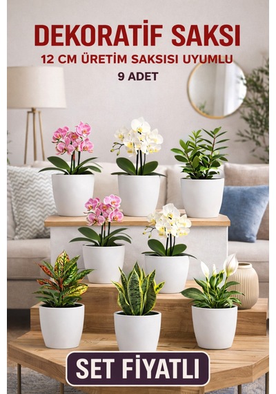 Dekoratif Saksı Seti 9 Adet 12 Cm Üretim Saksısı Uyumlu, Beyaz Saksı, Modern Çiçek Saksısı
