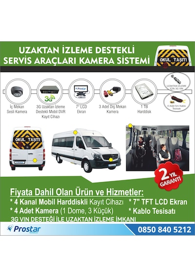 Okul Ve Servis Taşıtları Için 1 Tb Kayıtlı 3G Destekli Kamera Set