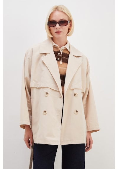 Fullamoda Pelerinli Kuşaklı Geniş Kol Oversize Trençkot Bej