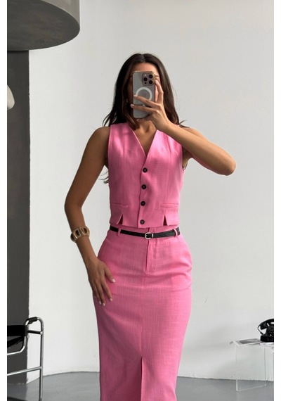 Dogutrend Yelek-önden Yırtmaçlı Etek Tk Şantuk Keten - Pembe