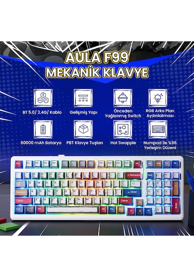 Aula F99 3 Modlu Rgb Hot Swap Mekanik Linear Graywood V3 Switch Kablosuz Makrolu Klavye Comic