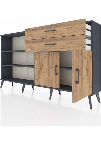 Arges Konsol 3 Raflı 2 Çekmeceli 2 Kapaklı 176x30x99 Antrasit-çam Antrasit-çam