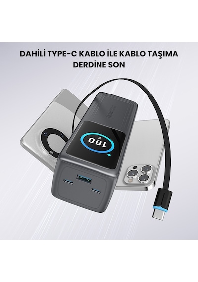 140w Süper Hızlı Şarj 30000mah Powerbank Dijital Led Ekran 2 Usb-c + 1 Usb-a Çıkış Dahili Type-c Kablo Laptop Uyumlu Taşınabilir Şarj Cihazı Açık Gri