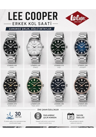 Lee Cooper 2 Yıl Garantili Takvimli Kadran Bileklik Hediyeli Erkek Kol Saati E8325.550 Rose Gold - Gümüş