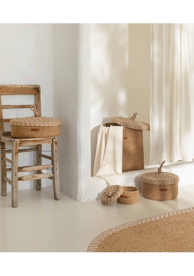 Koza Home Cesta Kapaklı El Yapımı Pamuklu Natural Bej Hasır Dekoratif Sepet