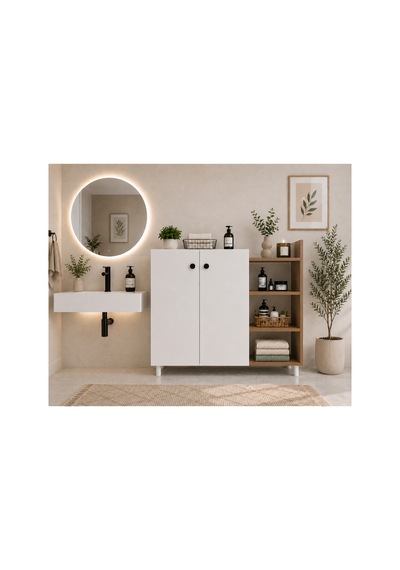 Ahşap Detaylı Banyo Dolabı - Çok Amaçlı Dolap Beyaz