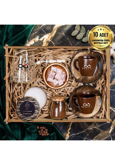 Logonuza Özel 10 Kutu Türk Kahvesi Hediye Seti Fincan, Cam Cezve, Mum Ve Çerezlik Set Beyaz