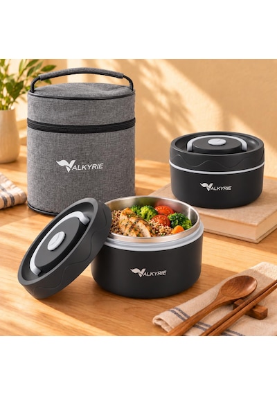 Valkyrie 2 Katlı Taraftar 304 Paslanmaz Çelik Yemek Termosu 420+550 Ml Isı Yalıtımlı Çantalı Siyah
