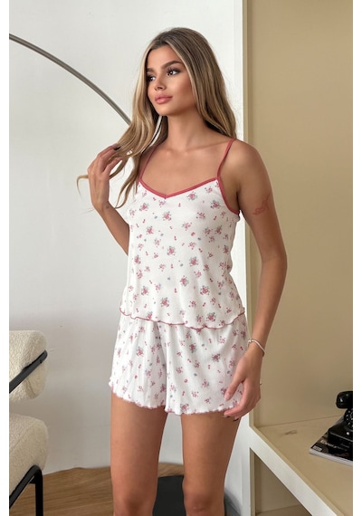 Giysa Kadın Askılı Çiçek Desenli Şortlu Pijama Takımı Pembe Çiçek - 3300