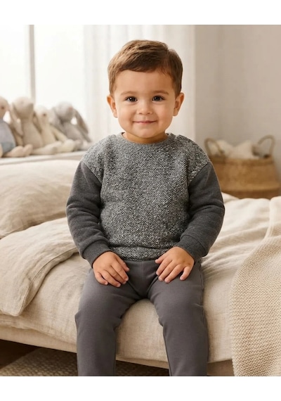Tuffy Erkek Bebek Gri Saklambaç Temalı Triko Kol Sweatshirt