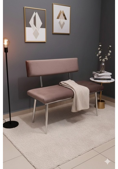 Özcan Metal Krom Metal Ayaklı Metal Kasalı Sırtlı Mutfak Salon Antre Yatak Odası Balkon Bench Puf Bank Oturak Kahverengi