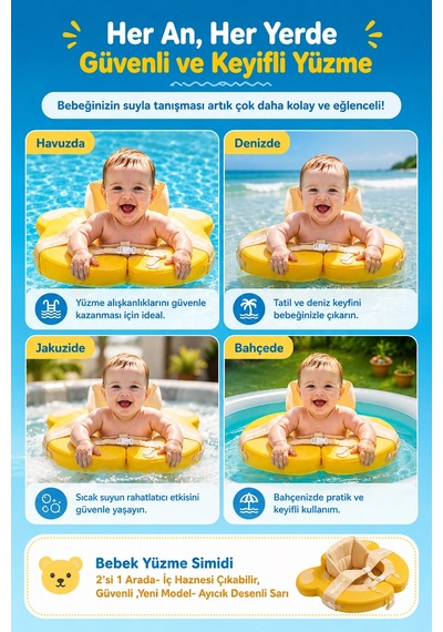 Bebek Yüzme Simidi 2'si 1 Arada- İç Haznesi Çıkabilir, Güvenli ,yeni Model- Ayıcık Desenli Sarı Ld00