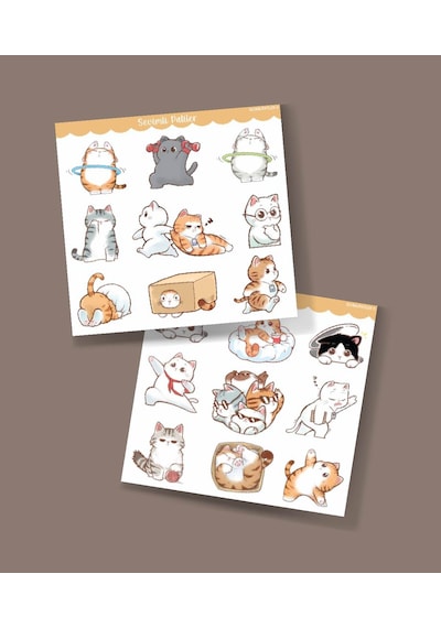 2 Li - Sevimli Sticker Sevimli Kedi Etiketleri -kawai Cat -telefon Süslemeleri Kedi Çıkartmaları -mat Kağıt- Sarı