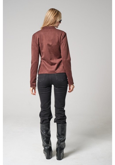 Mayrem Nakış İşleme Detaylı Slim Fit Fermuarlı Kadın Süet Ceket Kahverengi