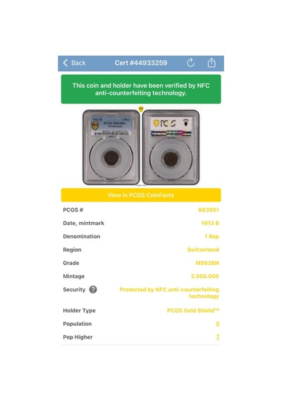 Pcgs Ms62bn 1913 B İsviçre 1rap Sertifikalı Nfc Çipli Özel Koleksiyon Parası