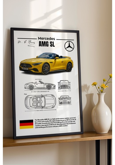 Mercedes-amg Sl Tablo - Teknik Özellikli Lüks Roadster Poster - Çerçeveli Duvar Dekoru - Blueprint Siyah