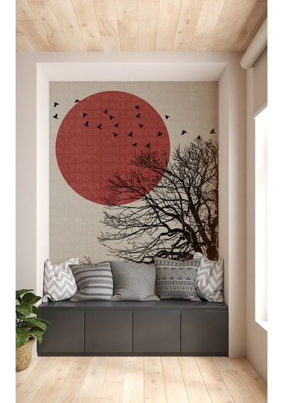 Kırmızı Güneş Önünde Kuşlar Poster Duvar Kağıdı Renkli