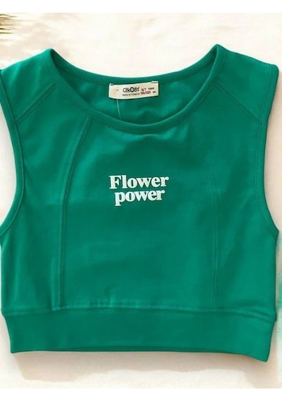 Kız Çocuk Flower Power Yazılı Crop-14406 Yeşil