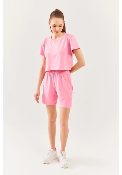 Kadın Rahat %100 Pamuklu Penye Bisiklet Yaka Kısa Kol Basic Crop T-shirt Pembe