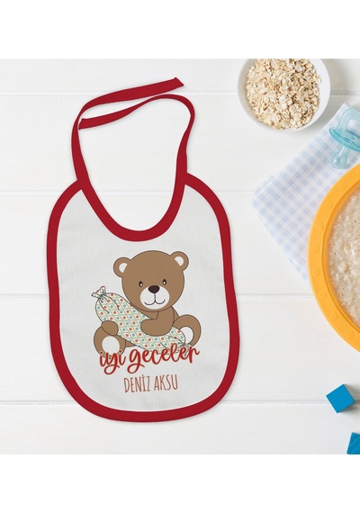 BK Kids Kişiye Özel Sevimli Ayı Tasarımlı Kırmızı Bebek Mama Önlüğü Kırmızı
