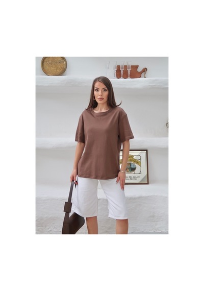 Paw Garage Kadın Mia İnterlok Kumaş Bisiklet Yaka Oversize T-shirt Kahverengi