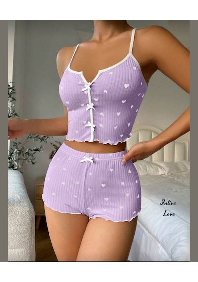 Intive Comfort Kalp Desenli V Yaka İnce Askılı Mini Şortlu Büstiy Lila