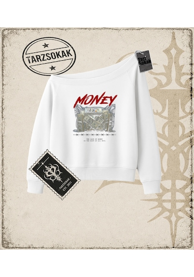 Tarzsokak Gotik & Grunge Streetwear Lack Of Money Kayık Yaka Sweatshirt Beyaz