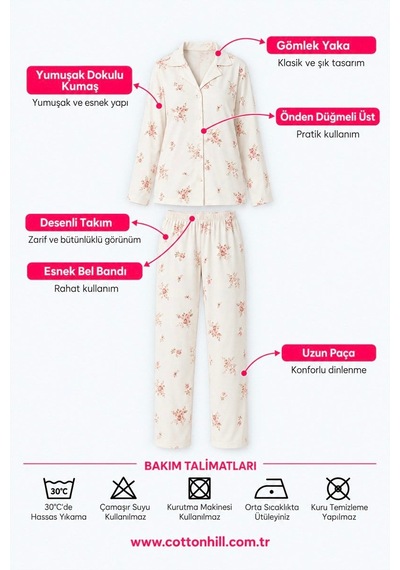 Cottonill Krem Çiçek Desenli Yumuşak Dokulu Gömlek Yaka Düğmeli Uzun Kollu Kadın Pijama Takımı
