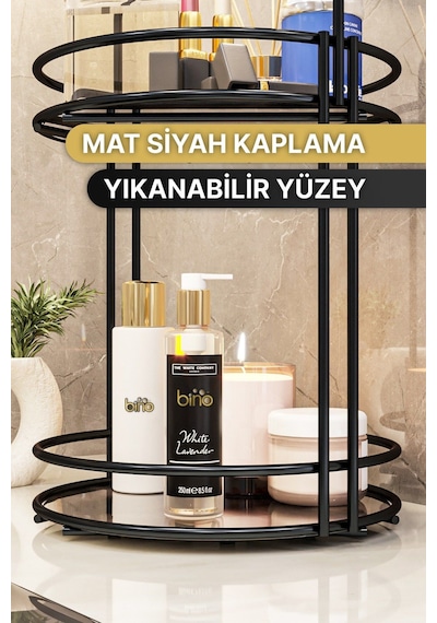 Banyo Düzenleyici 2 Katlı 40cm Siyah Lüks Düzenleyici Organizer Banyo Rafı Şampuanlık Dekoratif Siyah