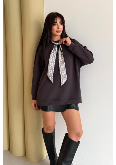 Balenbi Premium Modal Fular Detaylı Bisiklet Yaka Oversize Tunik 1177 Kahverengi