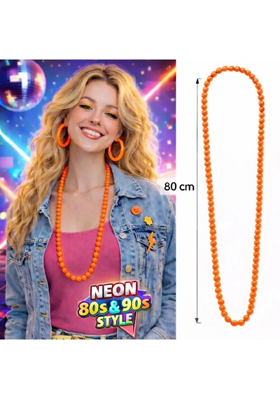 Neon Turuncu Boncuk Kolye 80 Cm - Retro 80 Ler 90 Lar Parti Aksesuarı +3